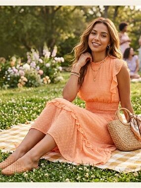 NWT Koko+Mason Peach Swiss Dot Ruffle Midi Smocked Dress SZ M  Fairy Raised Dot